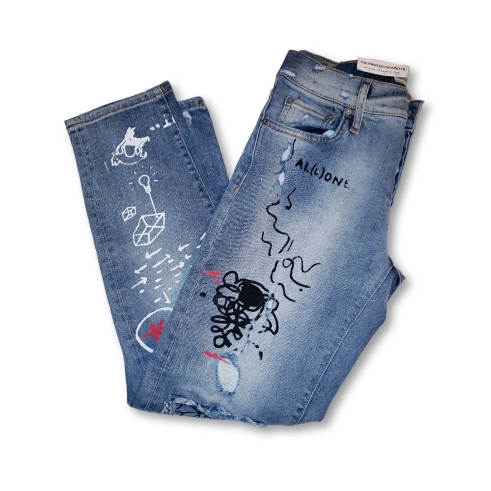 NWT ZARA Distressed Printed Jeans